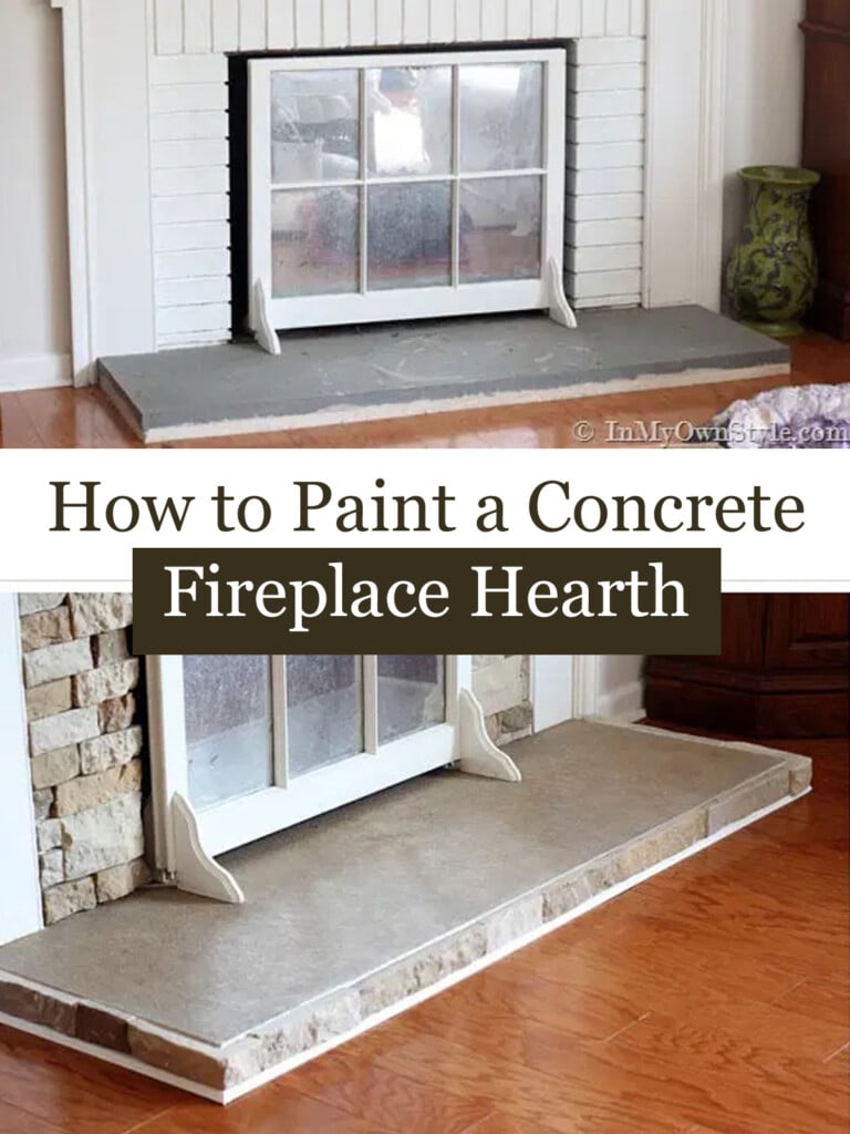 Before and after images of a concrete hearth that was painted.
