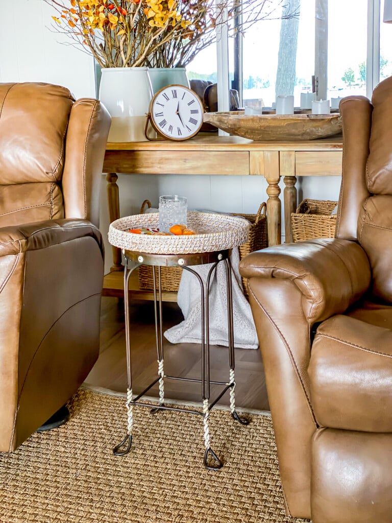 a DIY textured side table made using a bar stool and a tray.