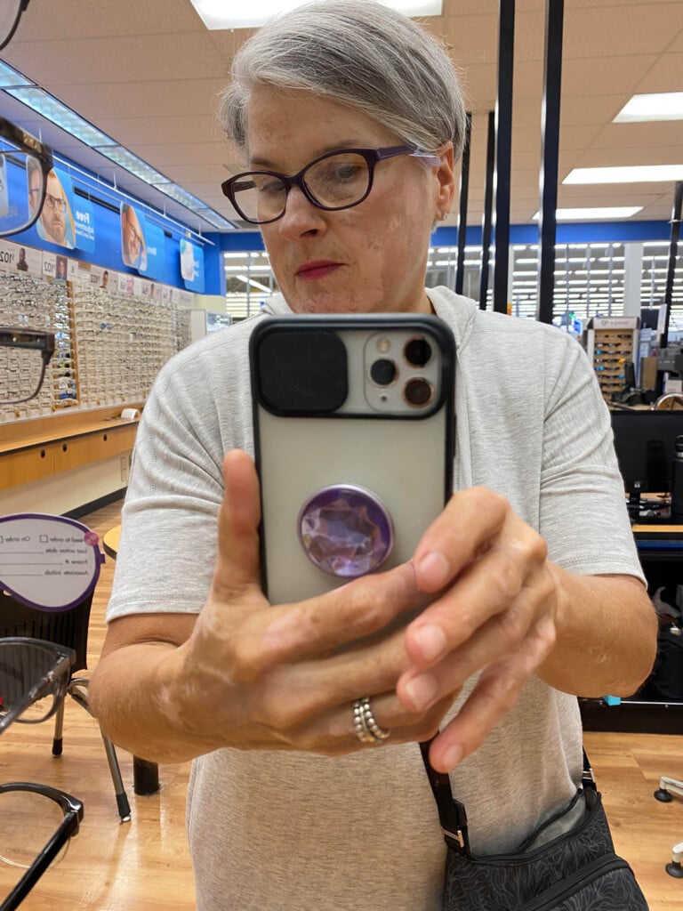 Diane-trying-on-glasses-at-Walmart-Optical
