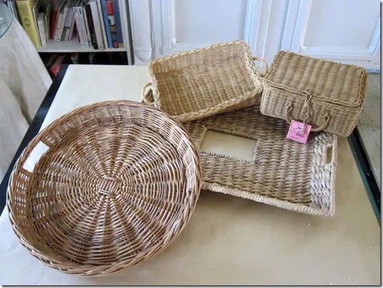 wicker trays and baskets found at thrift store