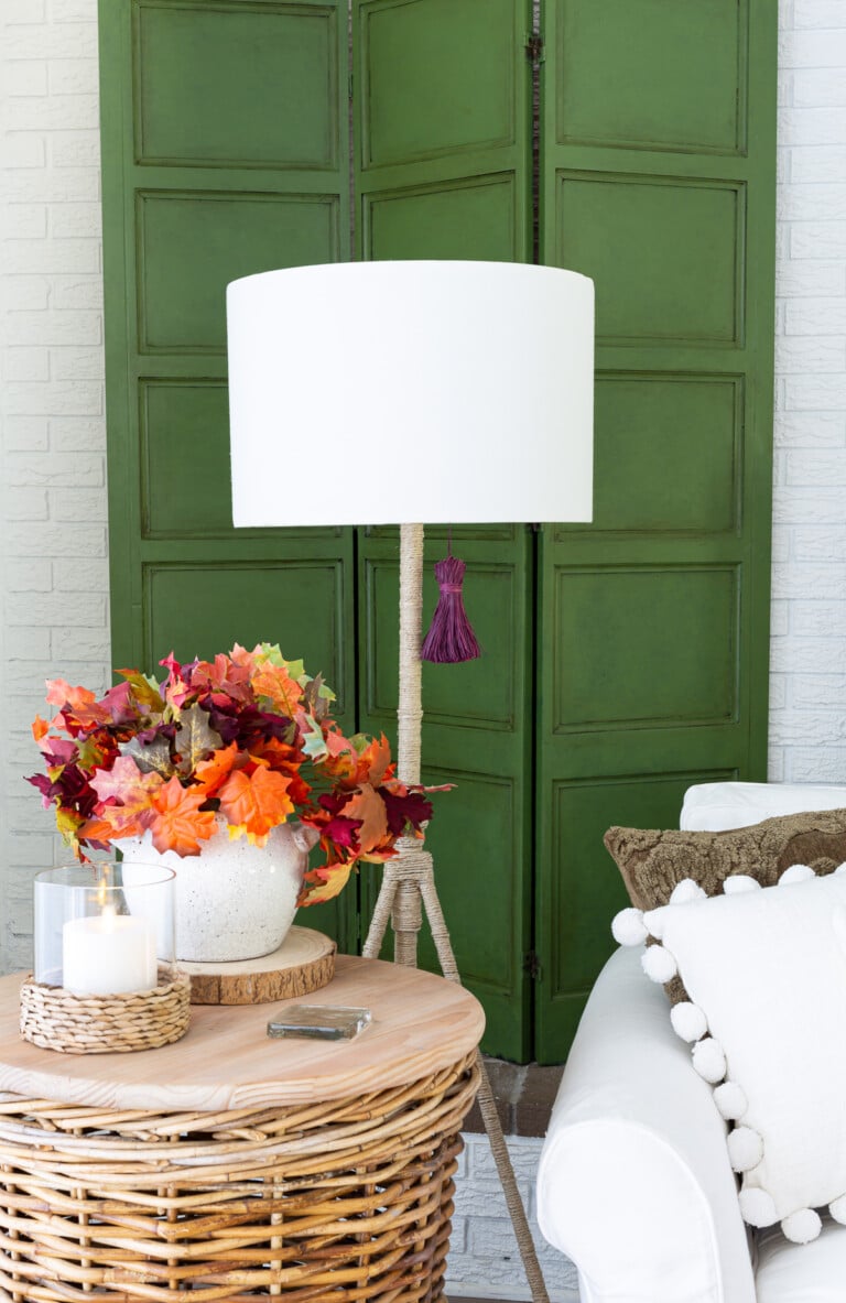 Fall colors for living room decor - green, purple and orange.