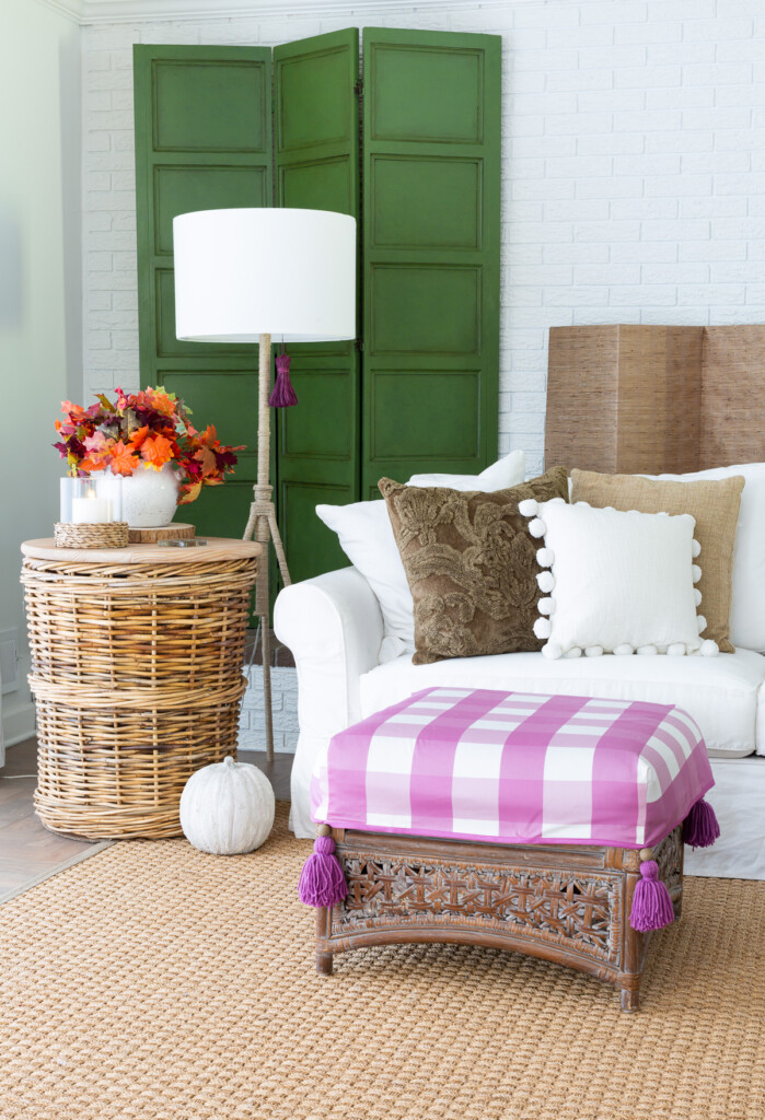 Green, purple and white fall colors for living room color scheme.