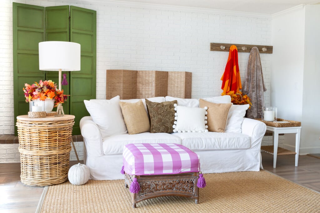 fall decorated living room in bright colors