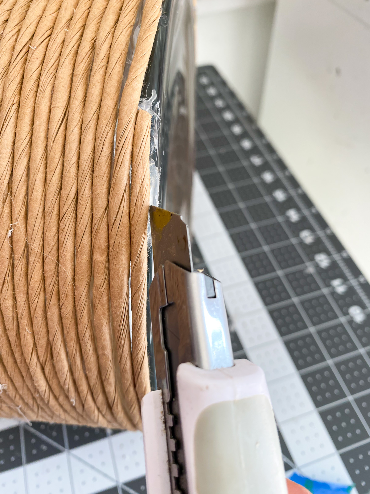 paper cord wrapped around glass vase glue getting cut off