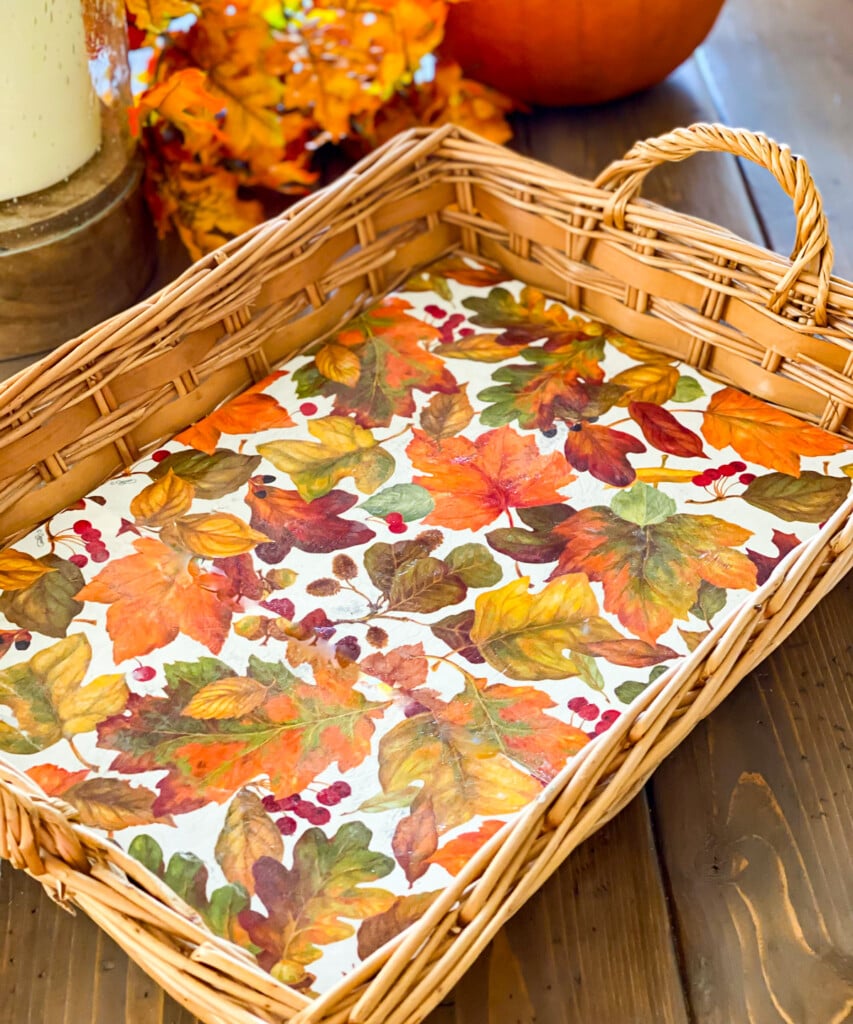 Fall leave napkins lining a wicker basket tray