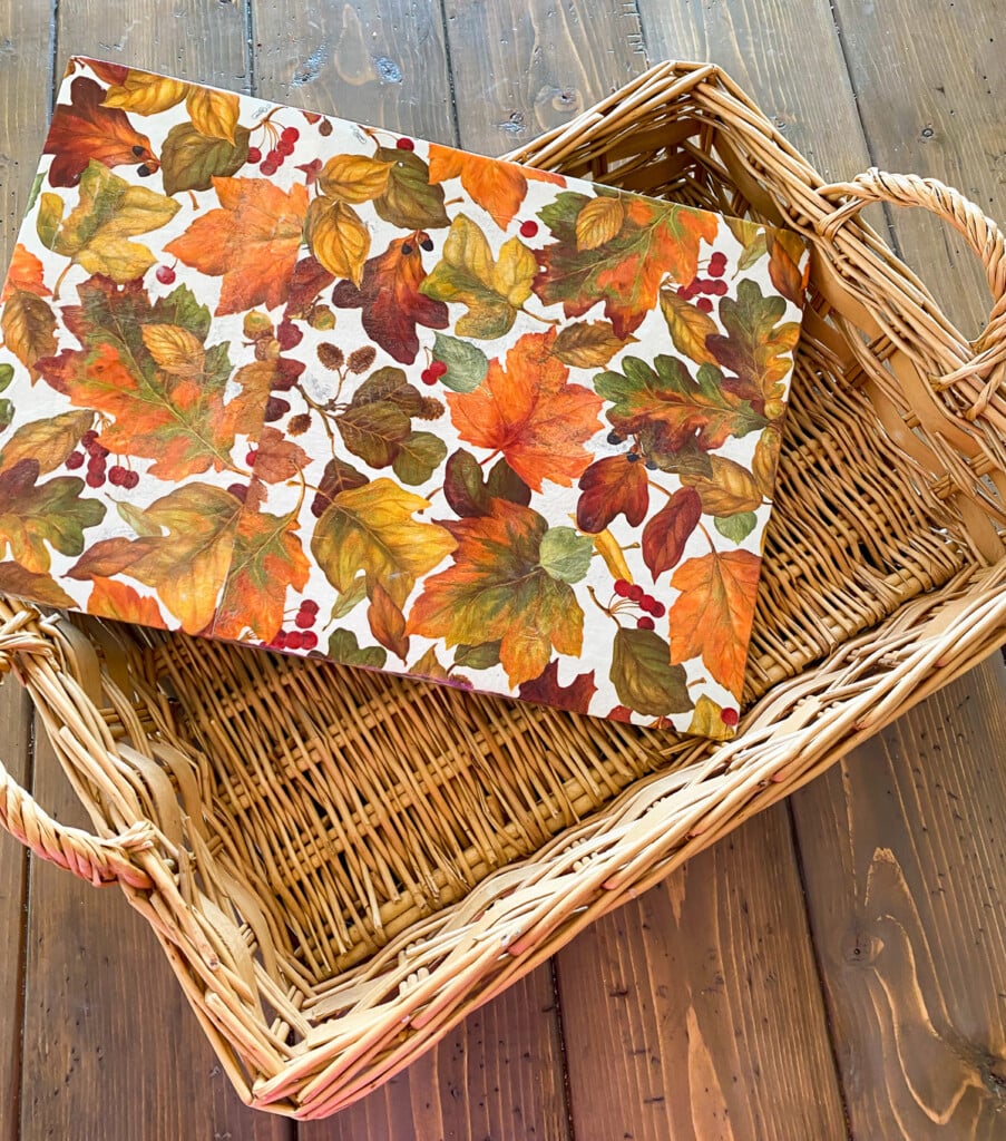 fall paper napkins vinylized insert in wicker tray basket