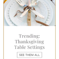 Trending Thanksgiving table setting ideas graphic showing white plates with utensils ties with brown ribbon.