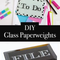 Two DIY glass paperweights made using beveled glass from old light fixtures.