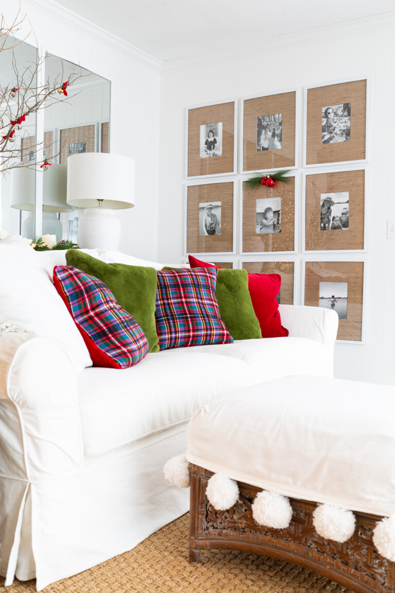 red and green and plaid living room decorated for Christmas