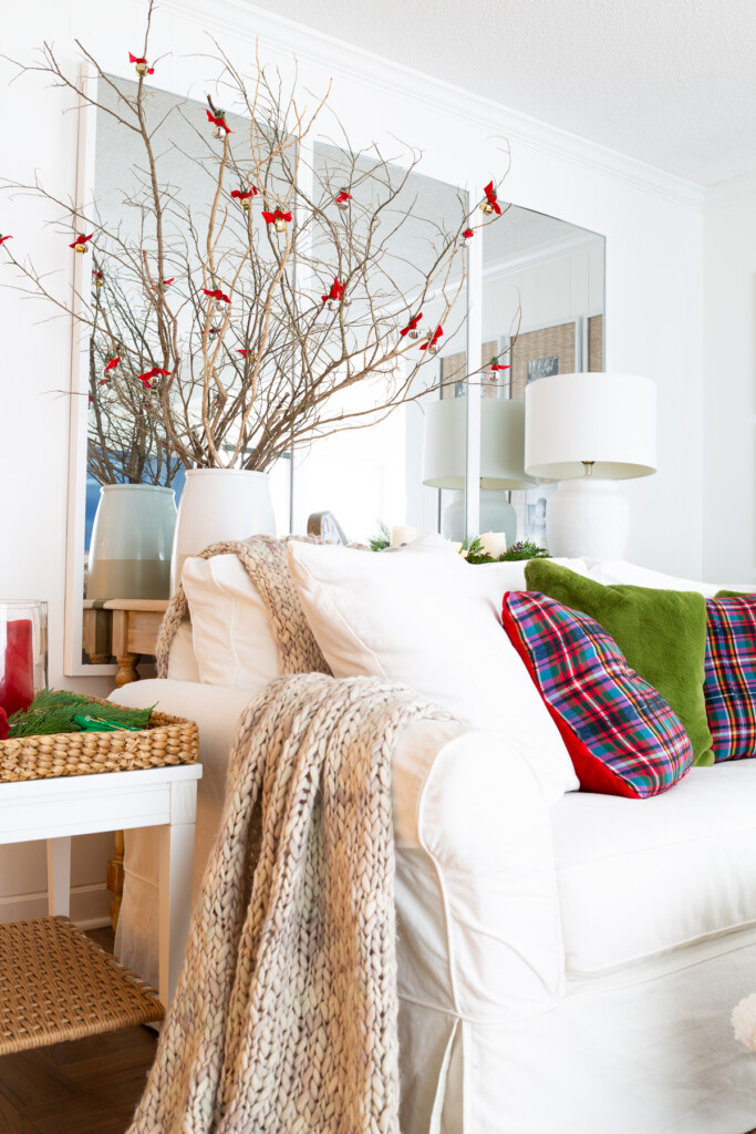 red and green and plaid living room decorated for Christmas