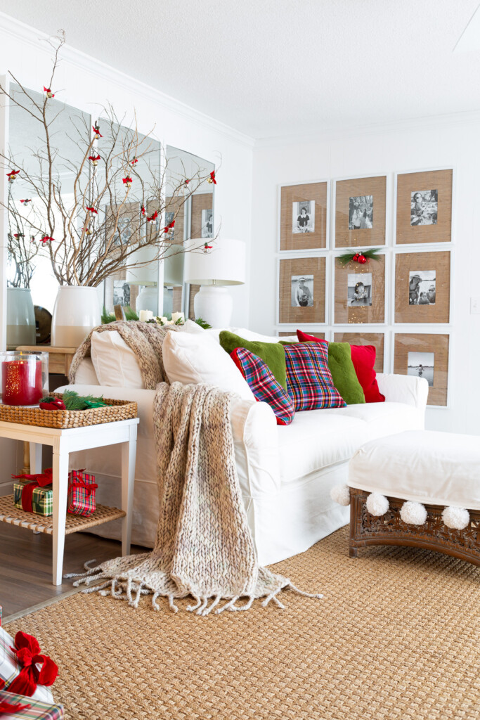 red and green living room decorated for Christmas