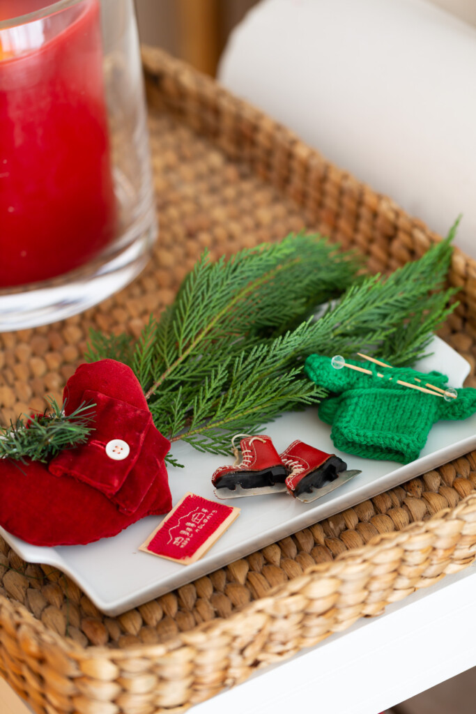 white tray with favorite Christmas ornaments on it