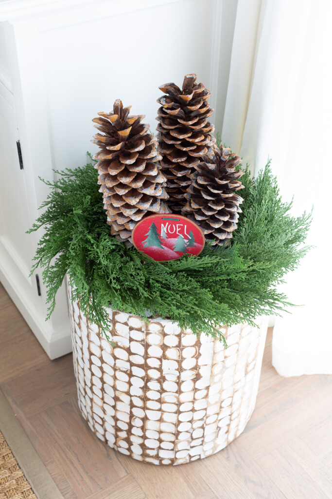 Noel sign on large pinecones