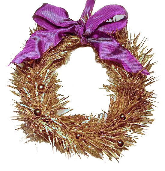 mini wreath ornament - spray painted gold with a purple ribbon box.