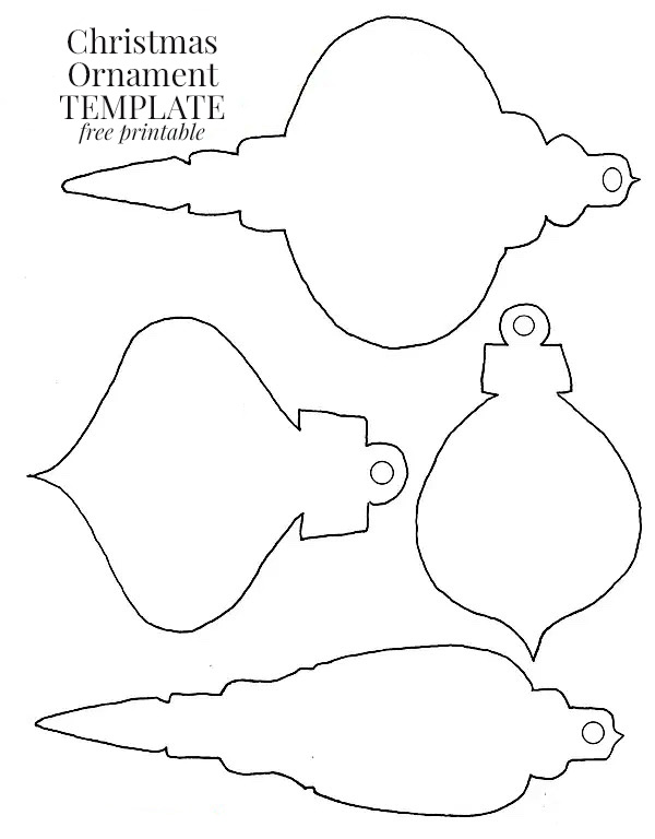black and white line drawing of vintage shape Christmas tree ornaments.Paper-Christmas-Ornament-template-Free-Printable
