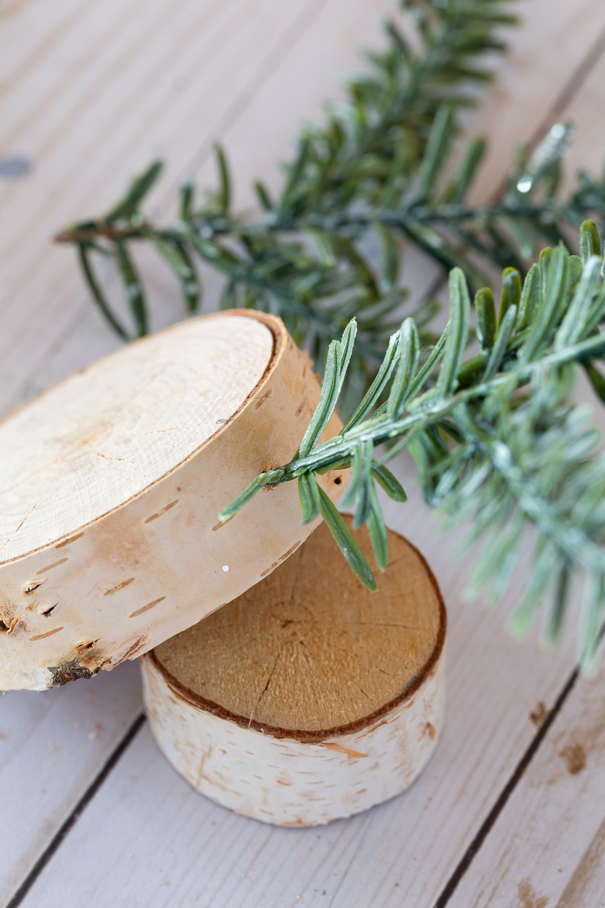 how to attach pine branch to side of tree trunk slice.