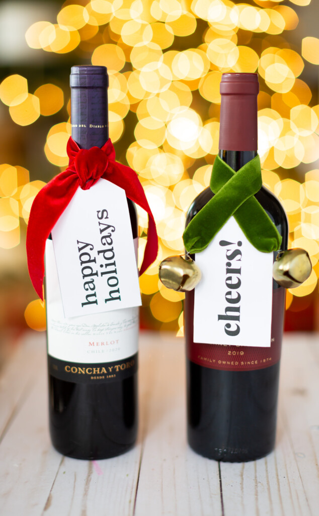 2 wine bottles ready for giving at the holidays