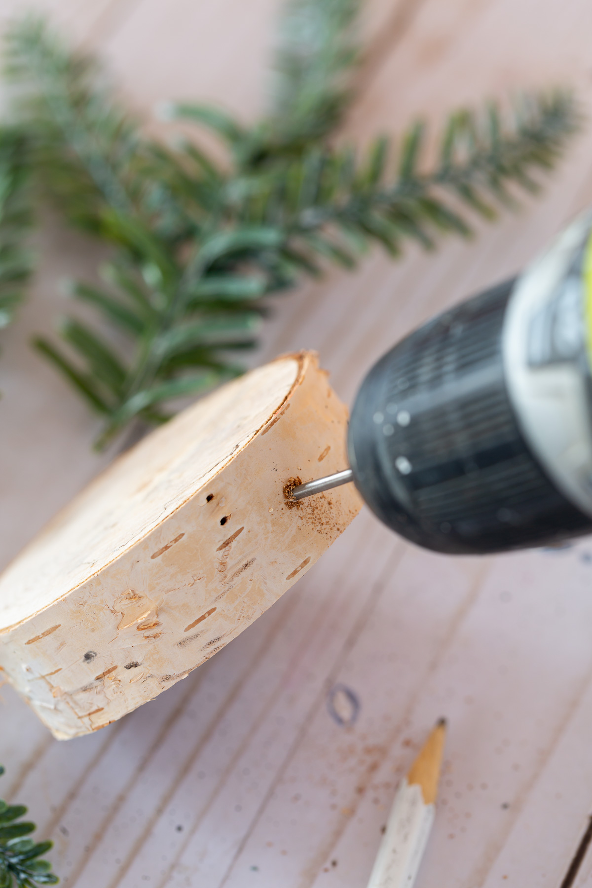 how to drill holes in tree trunk slice to attach pine branches.