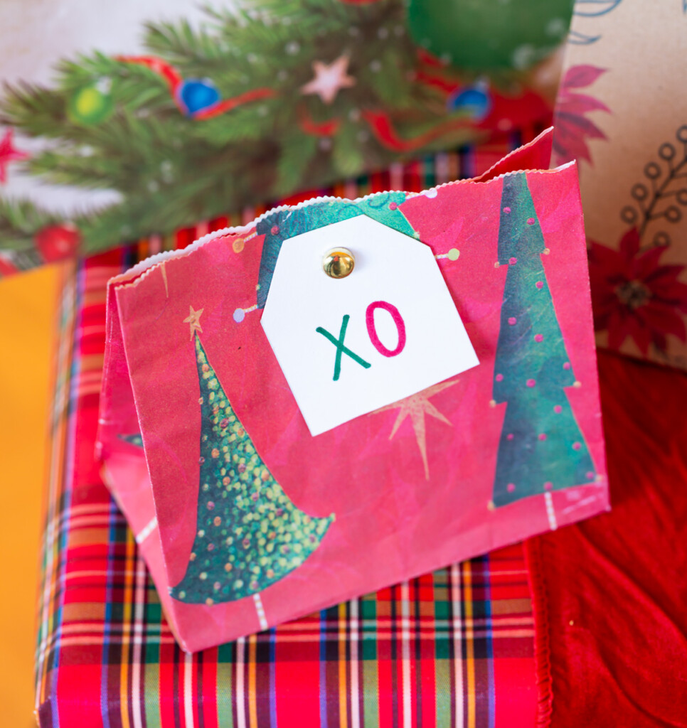 XO tag on a lunch bag style holiday Gift bag