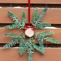 Tree trunk and pine branch Christmas wreath hung on red ribbon outside