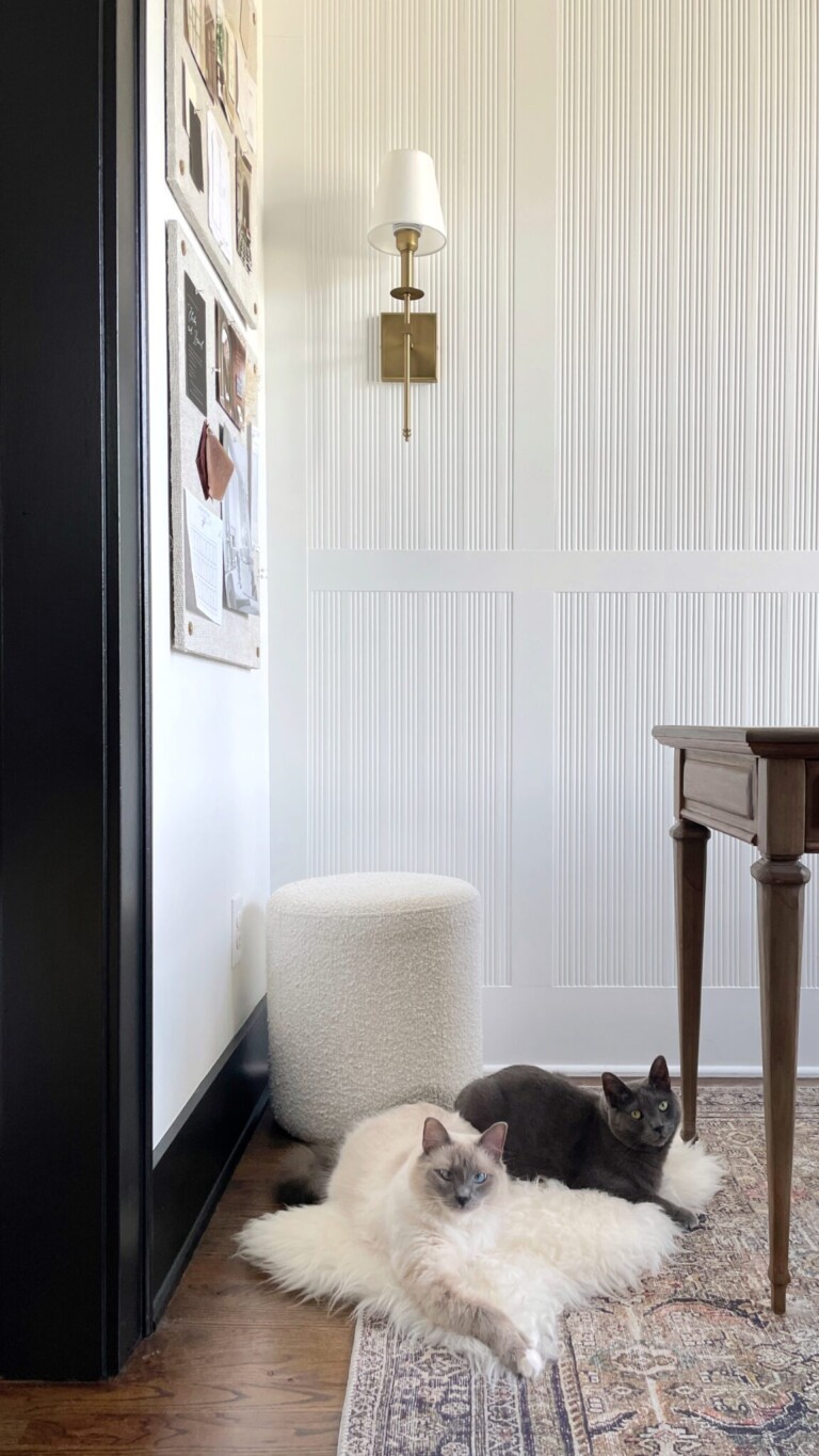 DIY-Fluted-Feature-Wall with cats snuggling on the floor.