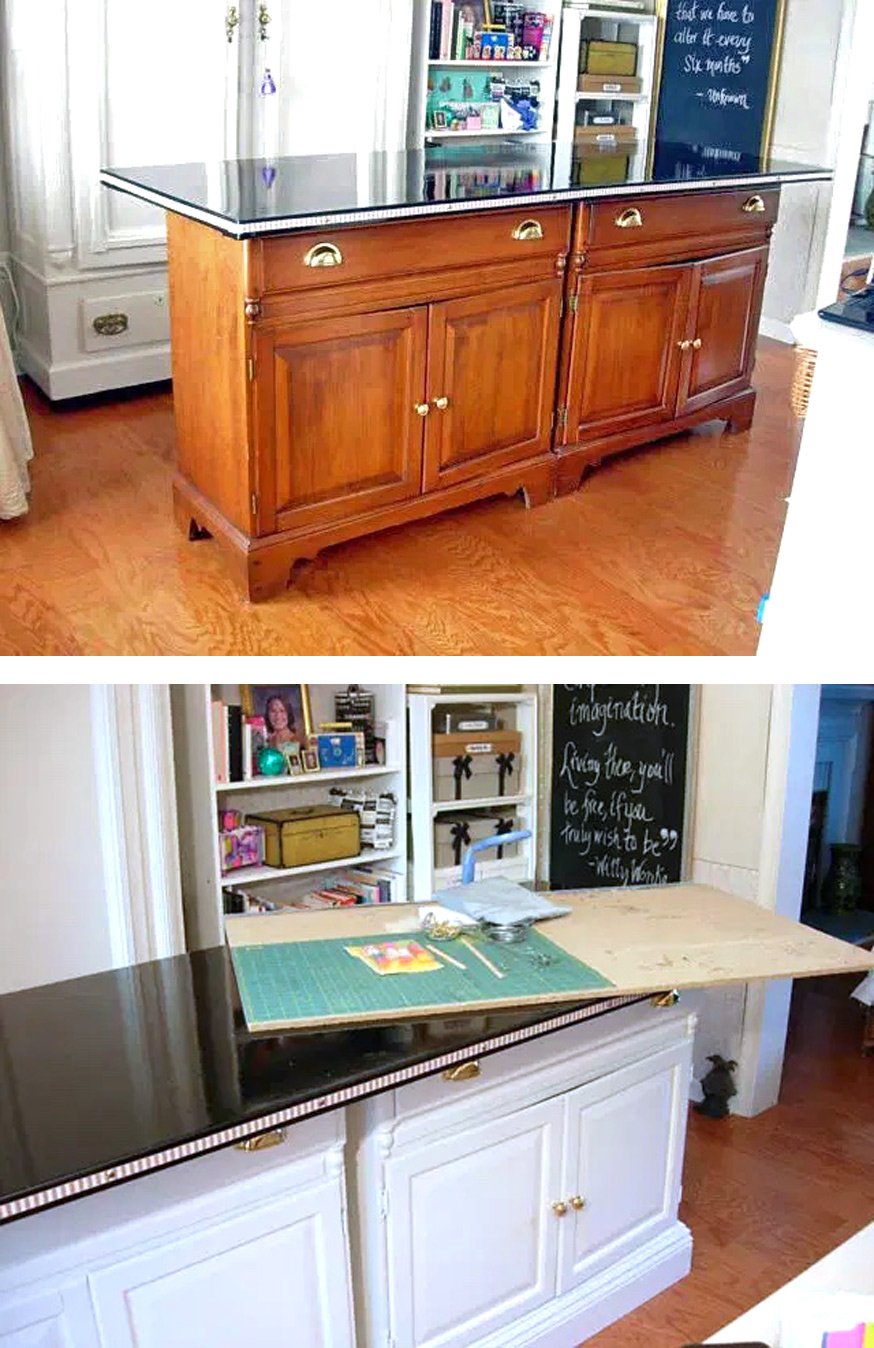 How to make a craft room table from old sideboard cabinets and a hollow core door.