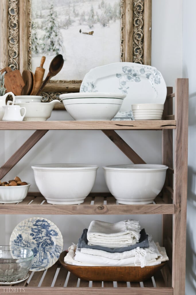 DIY bakers rake with with white plates, bowls and dishes.