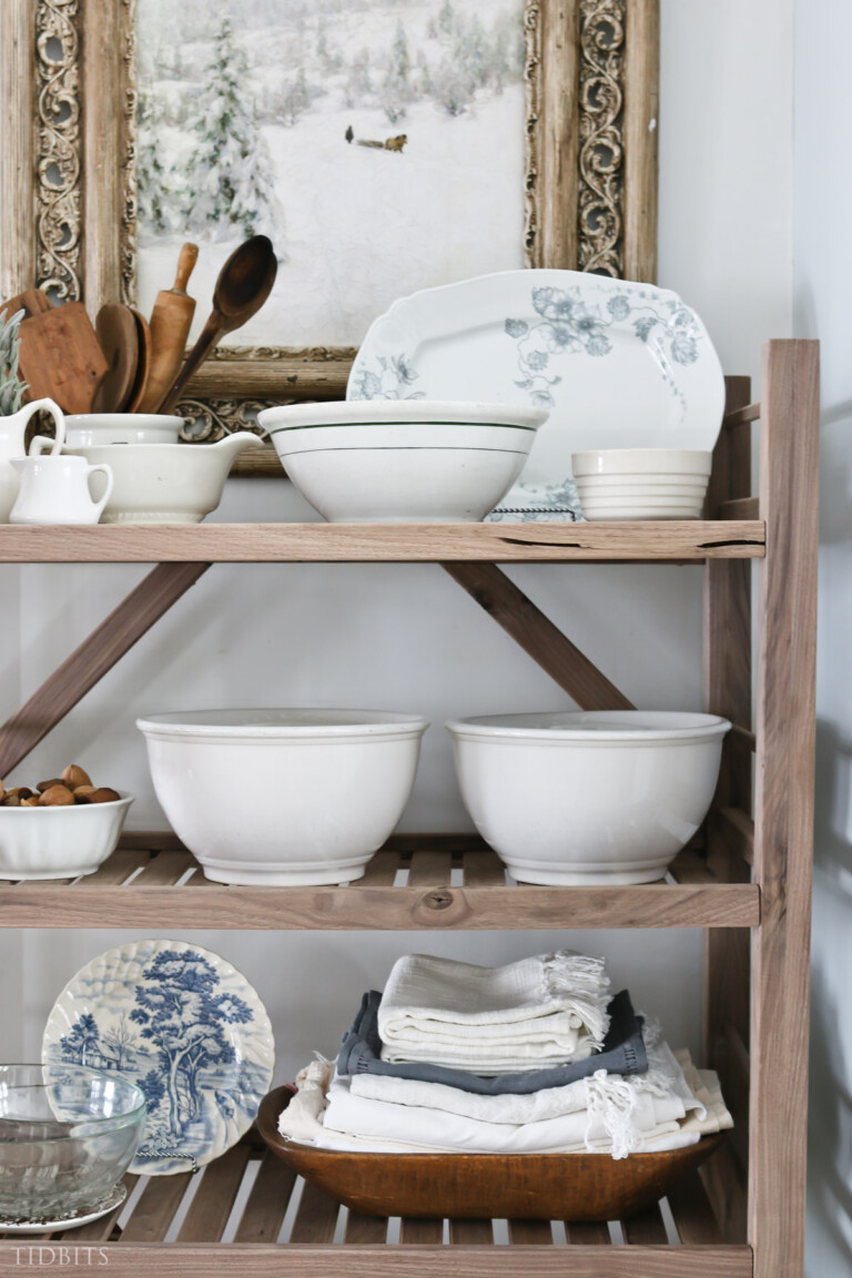DIY bakers rake with with white plates, bowls and dishes.