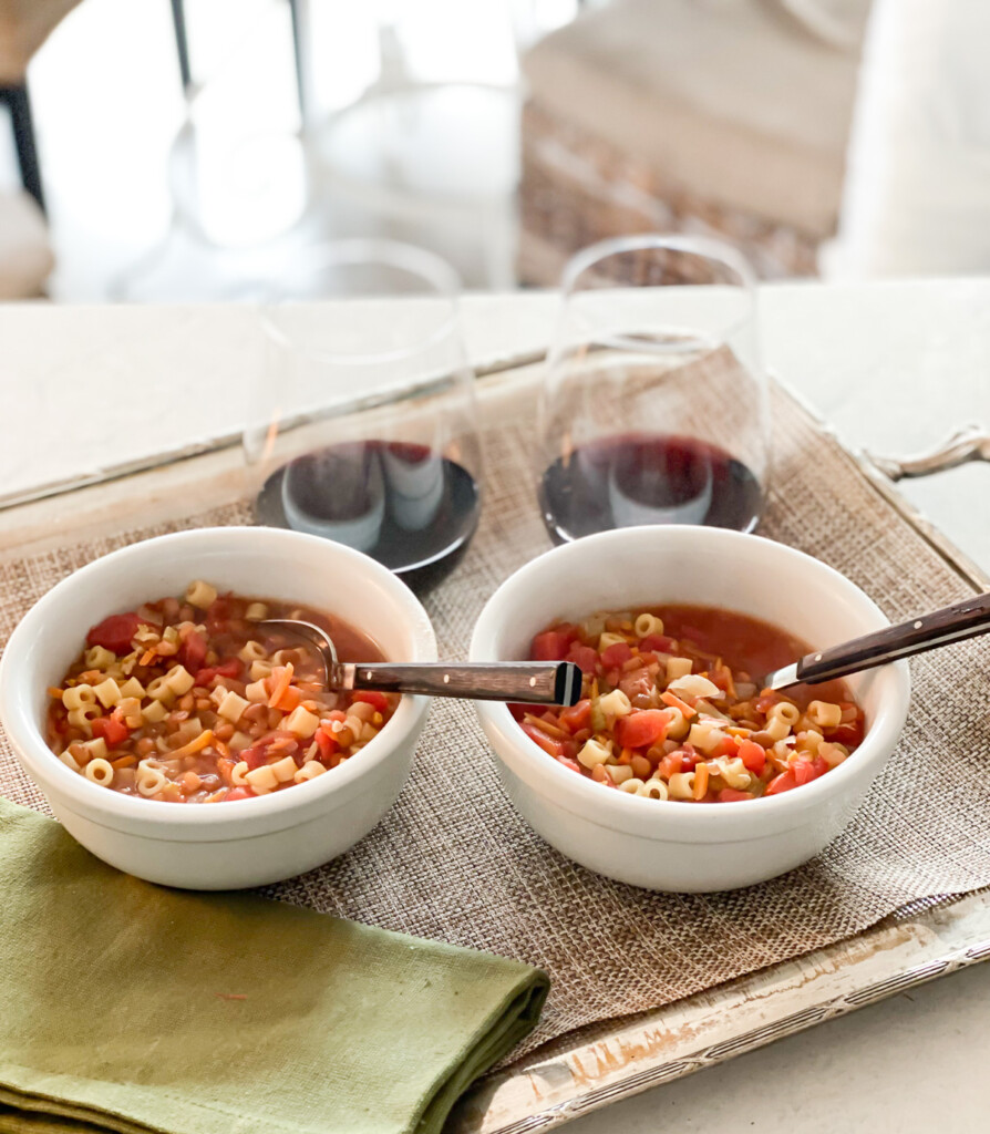2 bowls of Rustic Tomato Soup on a serving tray.