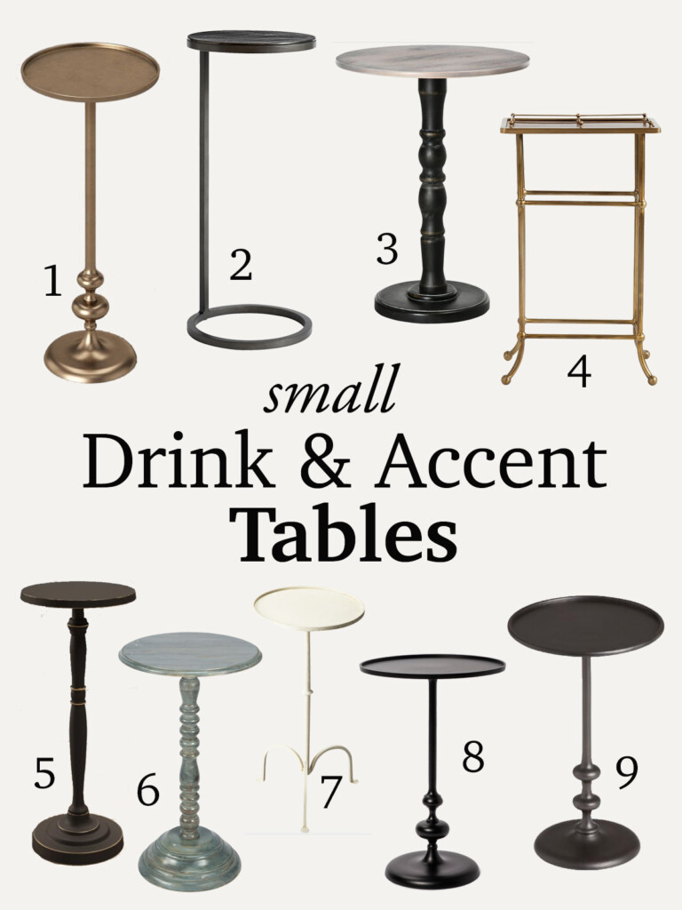 graphic showing 9 metal drink tables. Copy says Small drink and accent tables