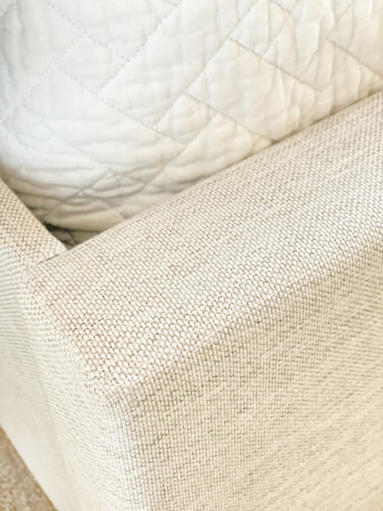 close up of Eastman bed frame in the color oat.