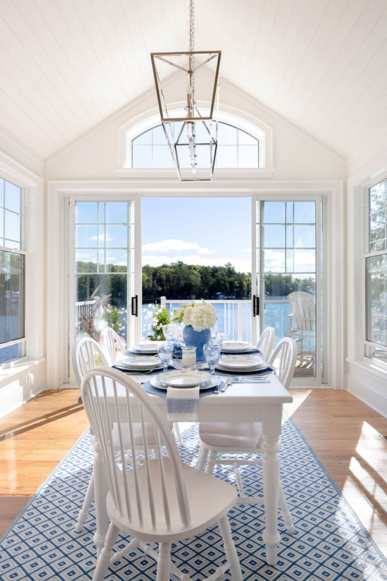 blue and white decorated lake house