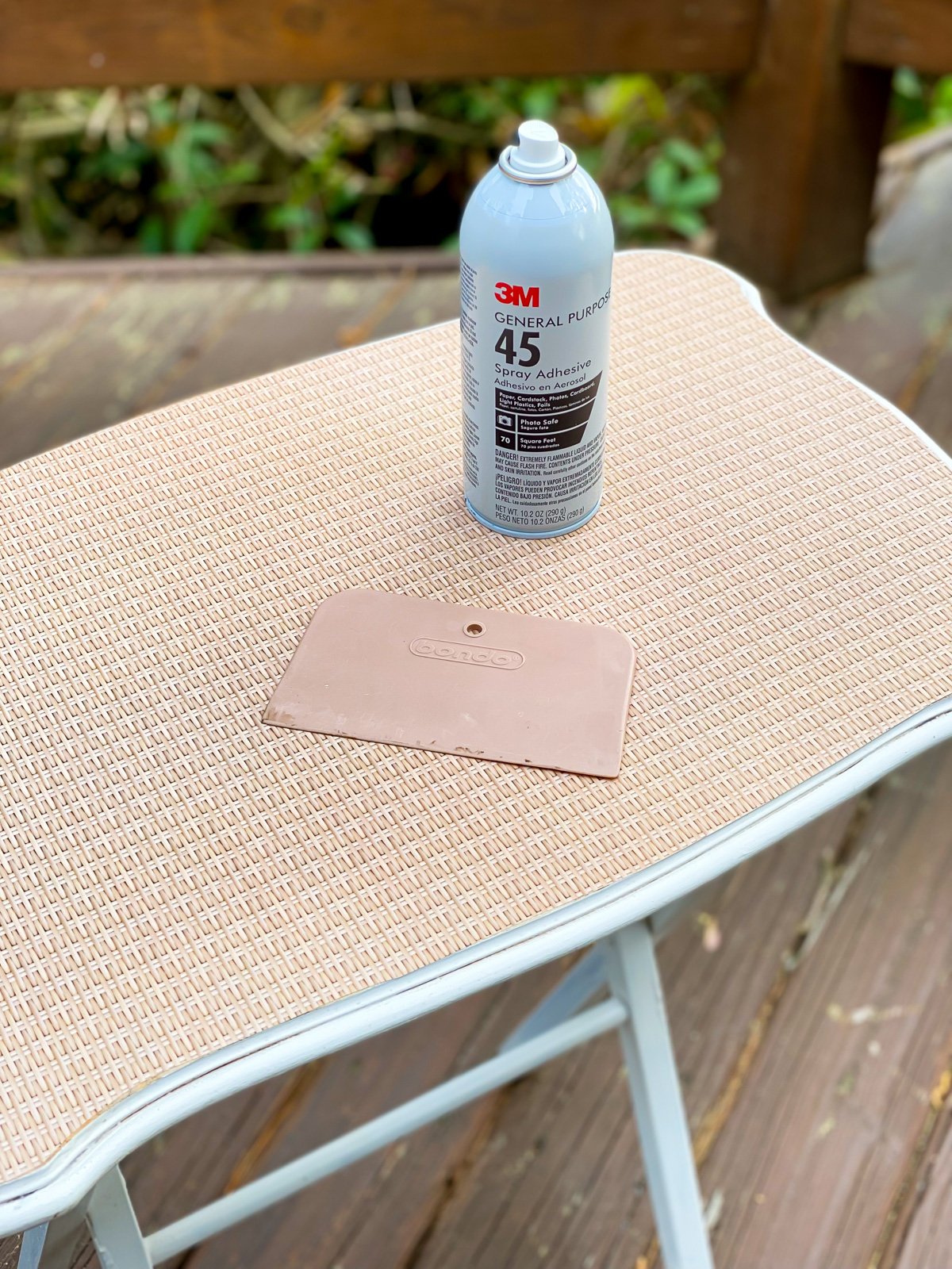 Wicker print paper glued onto tray table top using spray glue instead of Mod Podge