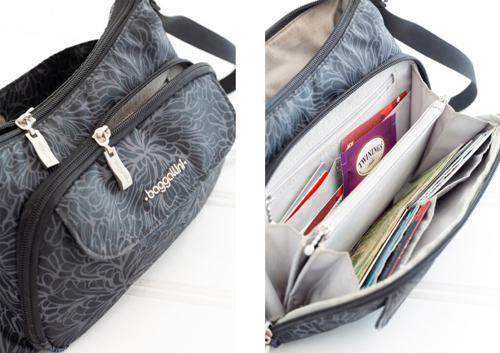 two photos - one showing front of bag snd the other what is inside the built-in wallet section.