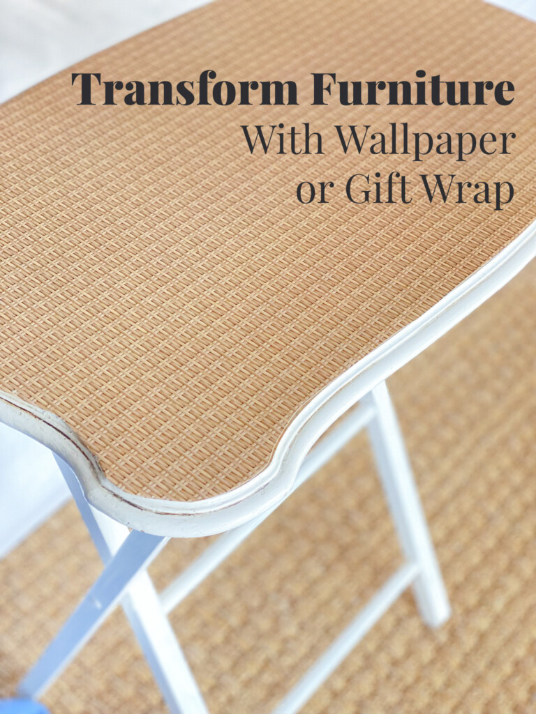 Wicker pattern gift wrap on top of a tray table. Text overlay says Transform Furniture With Wallpaper of Gift Wrap