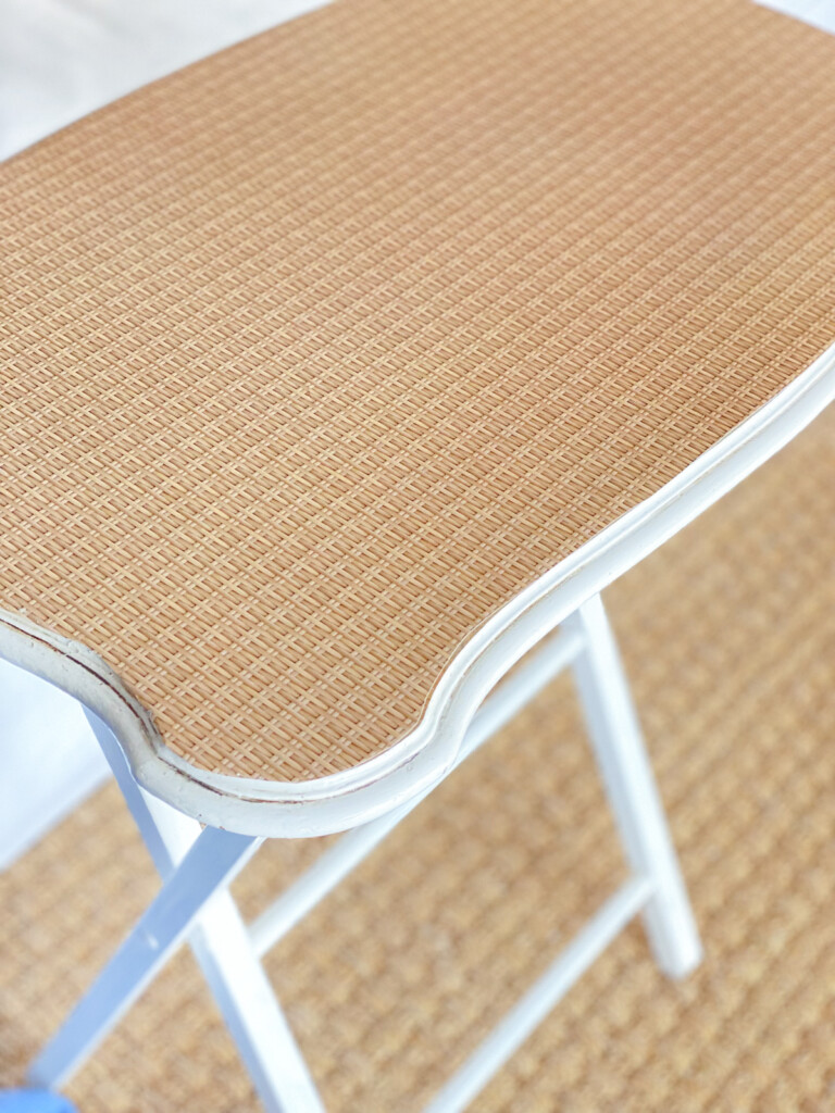 wallpaper on furniture - wicker print on top of a wood tray table