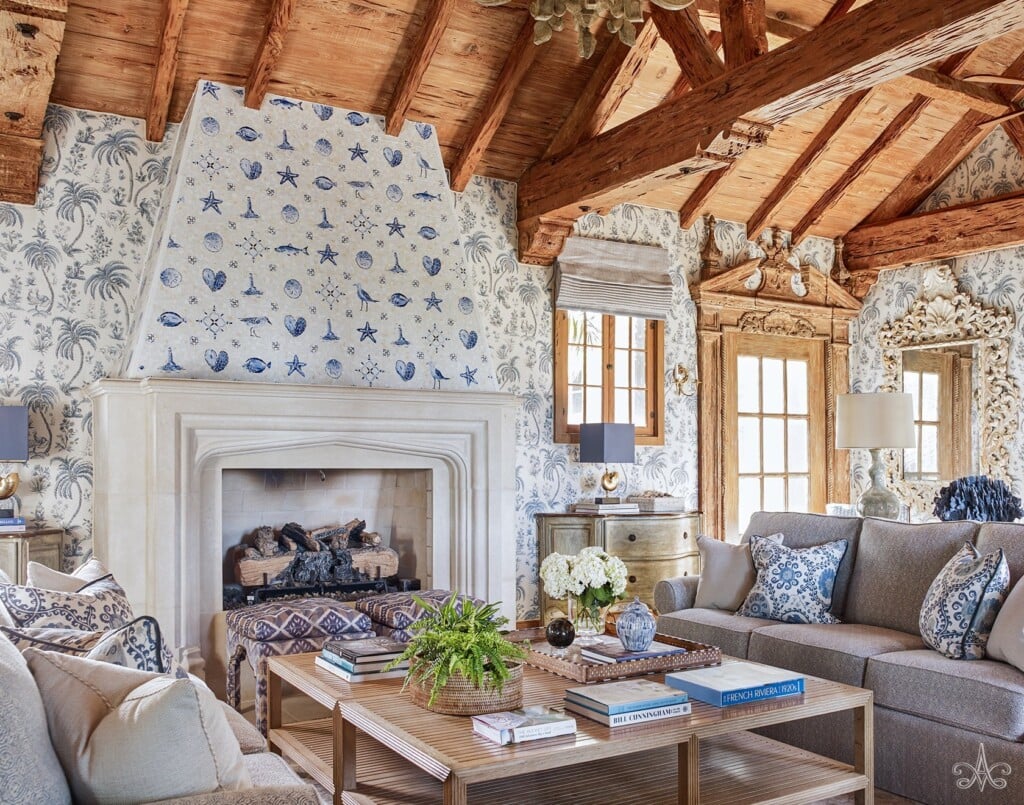 blue and white living room with natural woo trim.
