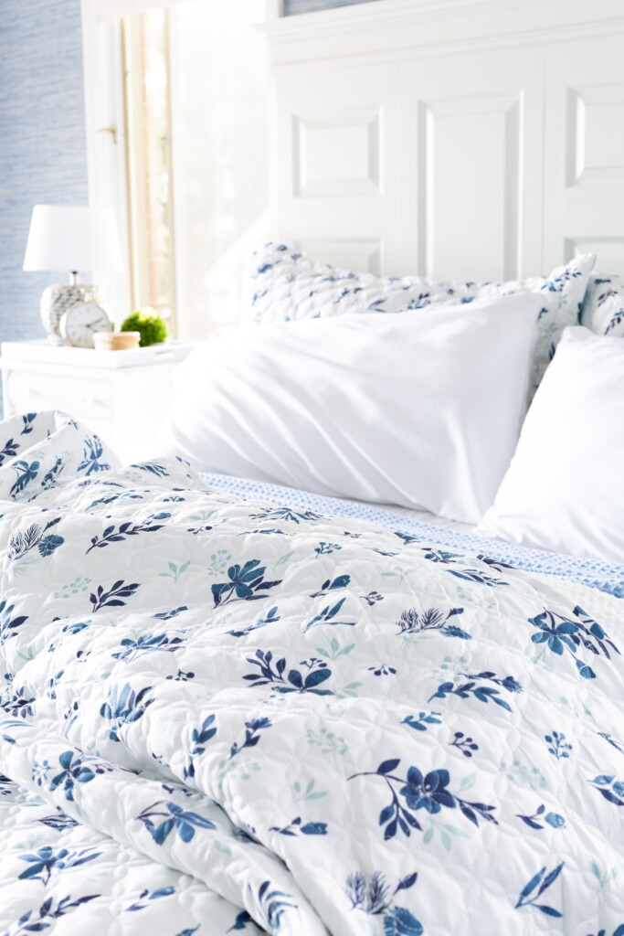 Bedsure pillowcases and bedding on bed in blue and white.