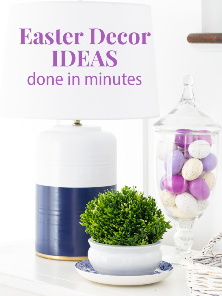 Easter-decor-created-in-minutes using a spring color scheme on a sideboard.