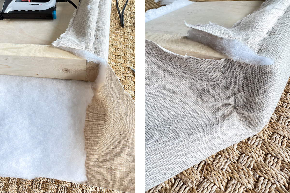 how to wrap fabric and batting over corners when upholstering a headboard.