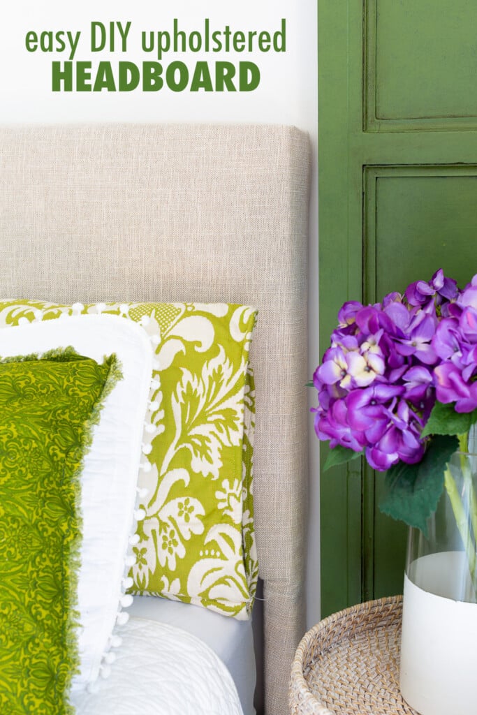 Easy DIY upholstered headboard using any fabric to coordinate with bedding.