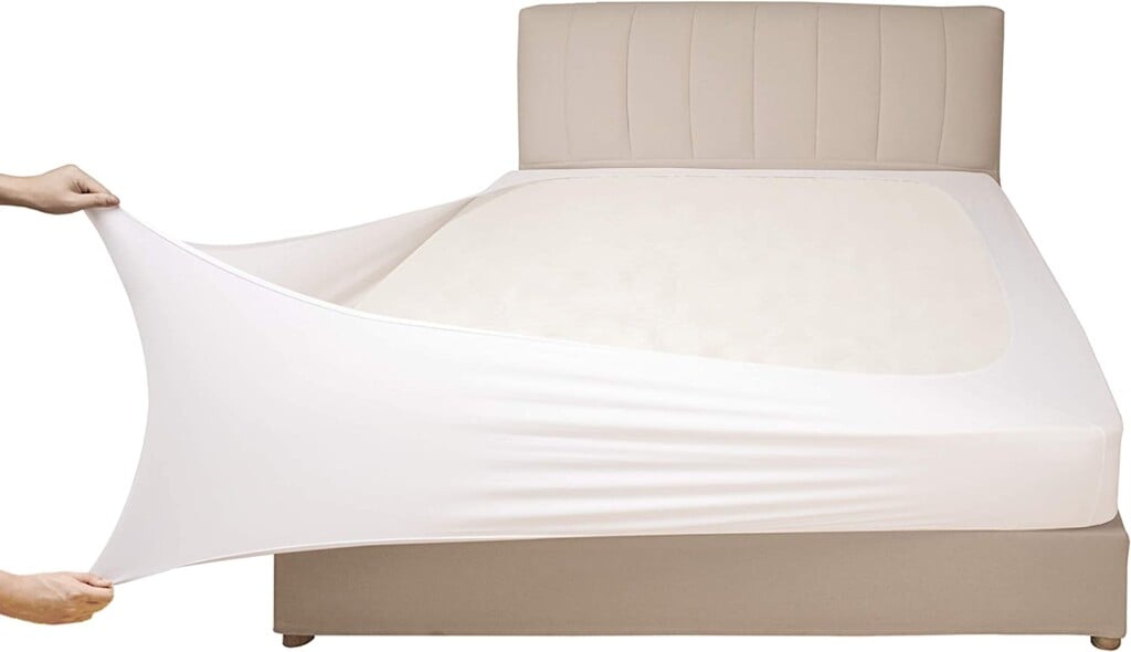 Stretchy bed wraps to cover a box spring and make a bed look more modern than a standard fabric bed skirt.