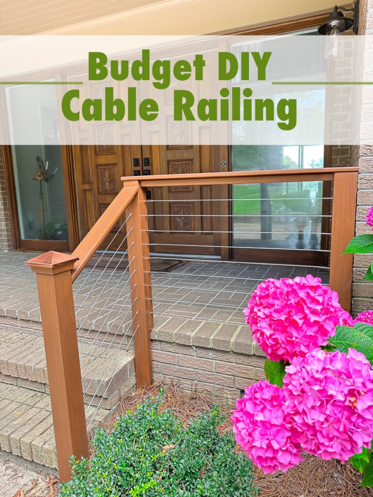Budget DIY Cable railing. Photo shows a brick entry with cable railing installed.