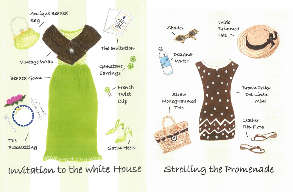 2 colorfully illustrated cards of women's fashions. One says Invitation to the White House, the other Strolling the Promenade.