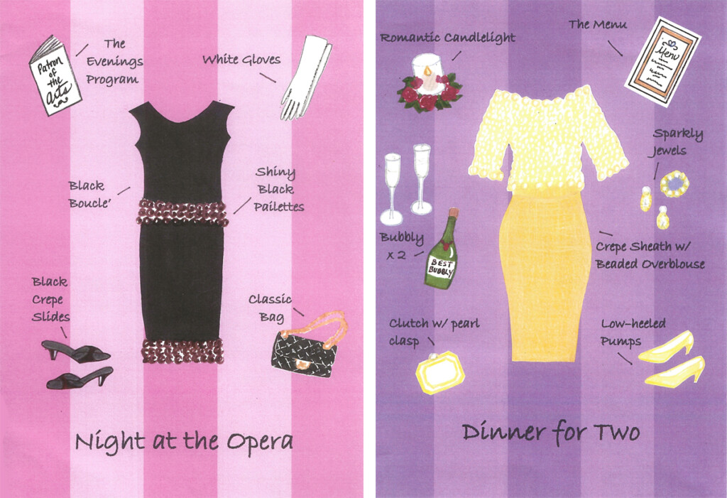 2 colorfully illustrated cards of women's fashions. One says Night at the Opera, the other Dinner for Two