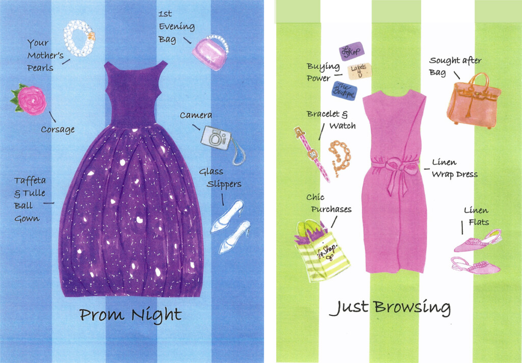 2 colorfully illustrated cards of women's fashions. One says Prom Night, the other Just Browsing.