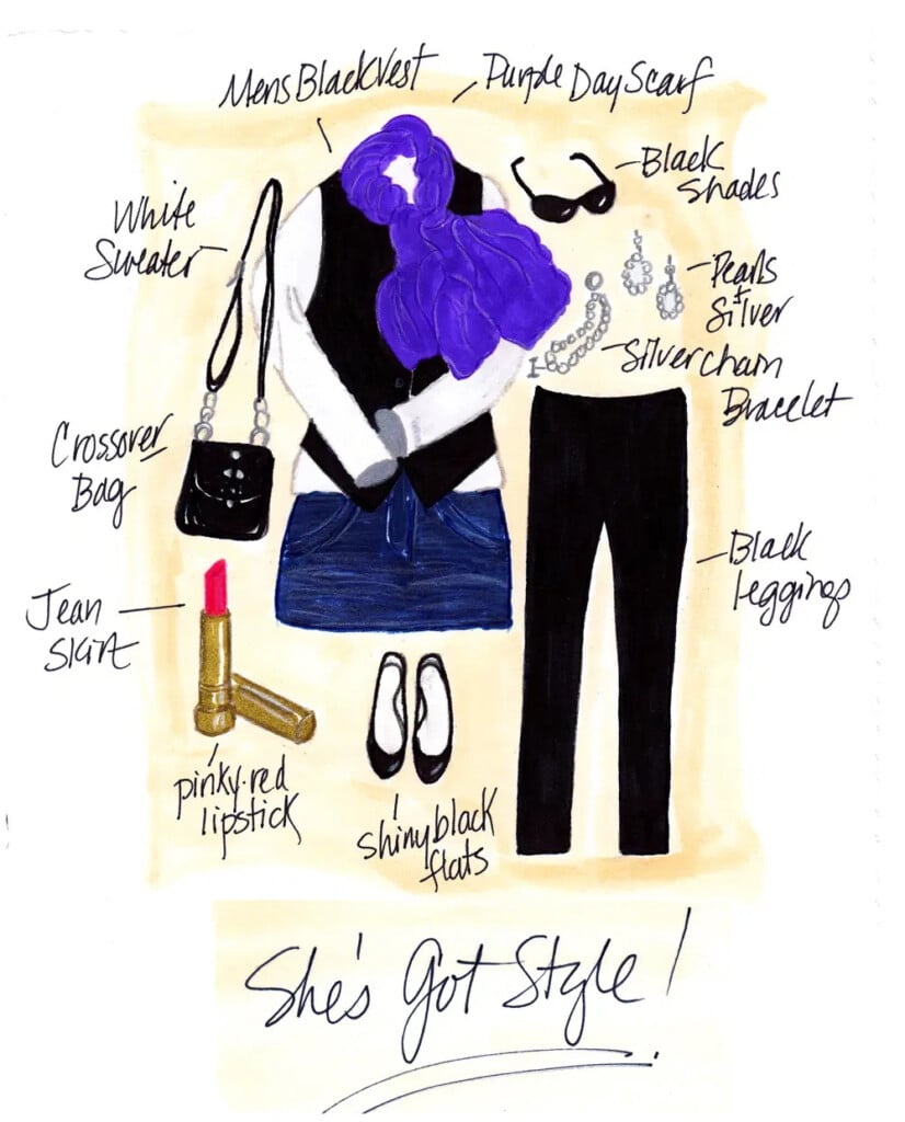 My first post an illustrated flat lay of an outfit idea for women.