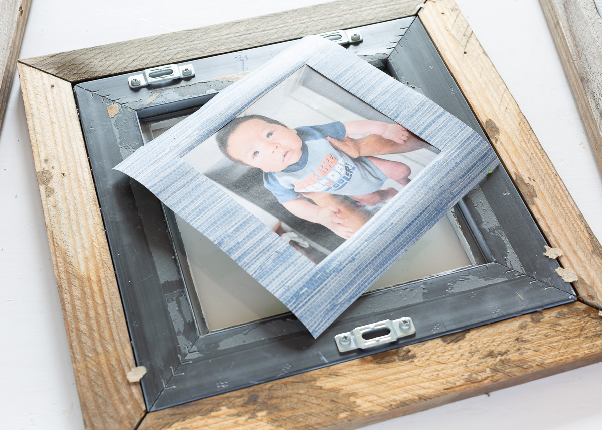 DIY photo frame mat idea using wallpaper.