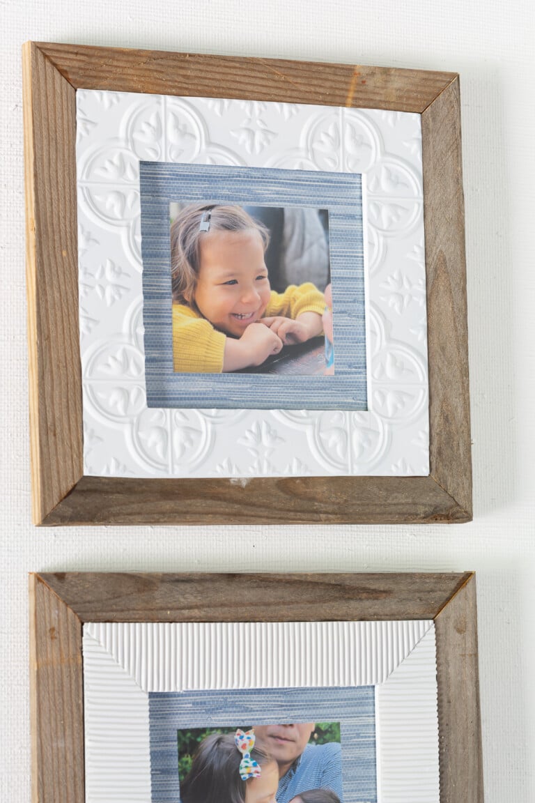 What to do with thrift store frames. Add paint, scraps of wood, wallpaper and dollar store tiles.