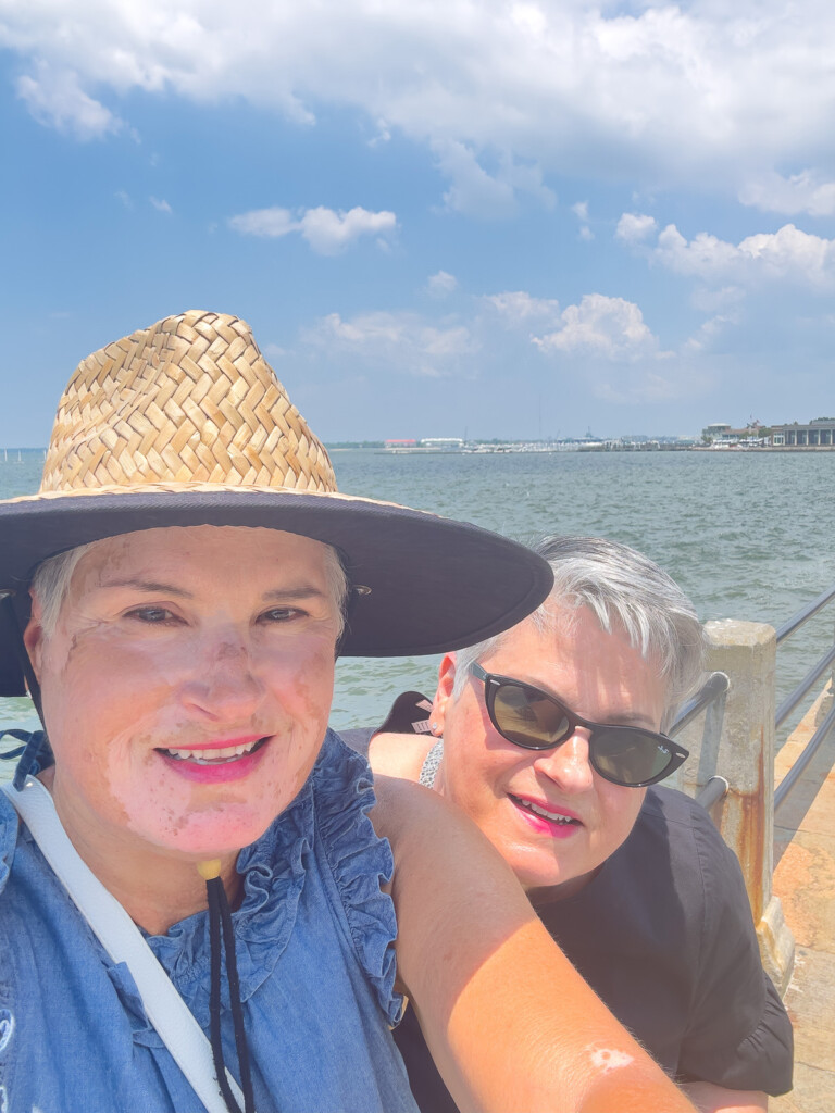 Diane and Carol in walking along the walkway along E Battery and the harbor.